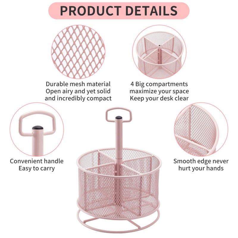 Marbrasse Mesh Desk Organizer  360-Degree Rotating Multi-Functional Pen Holder  4 Compartments Desktop Stationary Organizer  Home Office Art Supply Storage Box Caddy (Pink) - Image 4